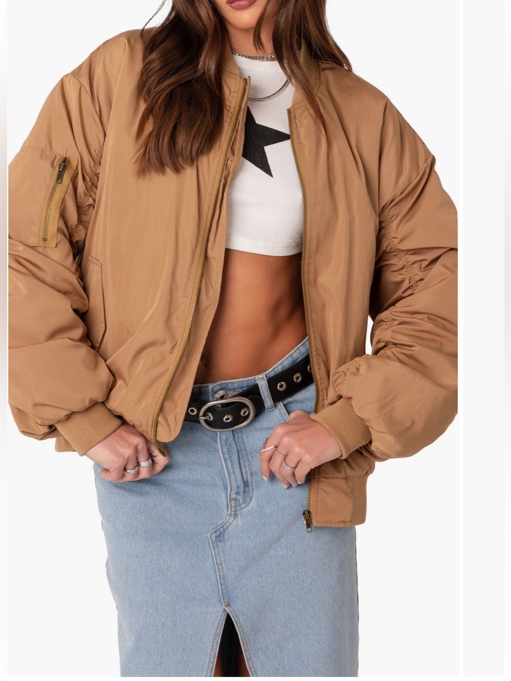 Edikted Cala Oversize Bomber Jacket camel colorway